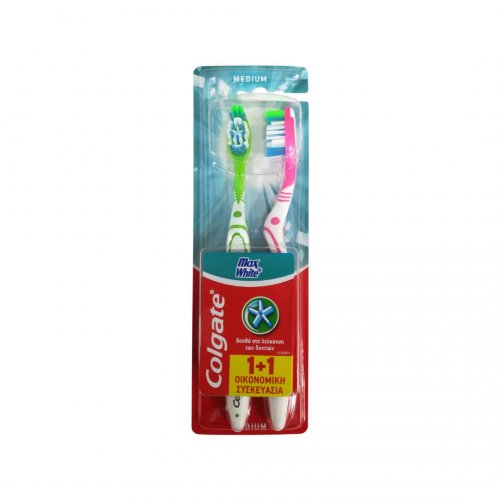 Colgate Δώρο 1+1 360 Max White Medium Οδοντόβουρτσα Ροζ-Πράσινη Ενηλίκων Μέτρια για Ολοκληρωμένο Καθαρισμό της Στοματικής Κοιλότητας, 2 τεμάχια